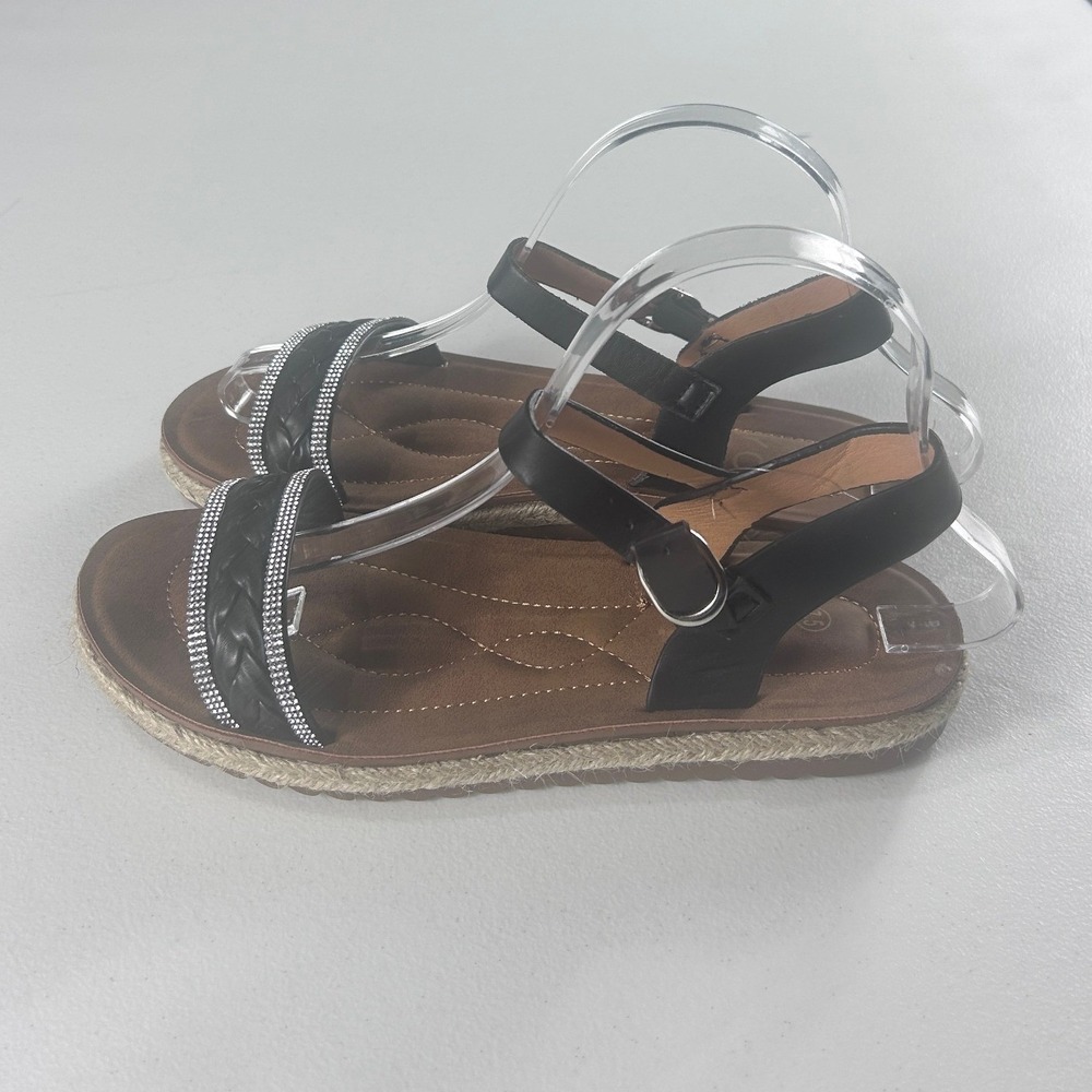 Yoki Alba Black Rhinestone Braided‎ Ankle Strap Espadrille Flat Sandals Size 7.5